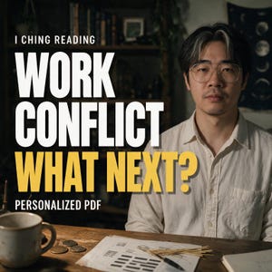 Könnte beinhalten: Eine Person mit dunklem Haar und Brille sitzt an einem Holztisch mit einer Tasse, Münzen und Papieren. Der Text lautet: I CHING READING WORK CONFLICT WHAT NEXT? PERSONALIZED PDF. Die Szene ist schwach beleuchtet mit einem Bücherregal im Hintergrund.