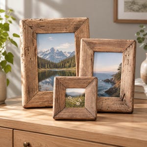 May include: Three rectangular and square picture frames crafted from weathered, light brown wood with a visible grain and textured surface. The frames hold photographs of a mountain lake, a coastal cliffside, and a field of white daisy flowers.
