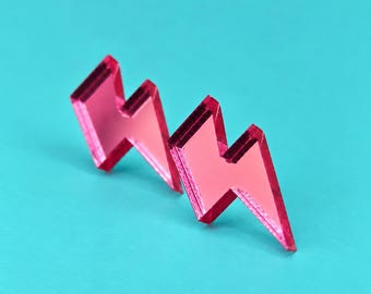 Pink Mirror Acrylic Lightning Bolt Stud Earrings, Lightweight Statement Jewellery