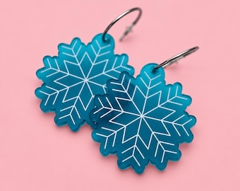 Snowflake Statement Earrings, Teal Acrylic Hoops, Winter Christmas Jewellery, Festive Dangle Hoop Earrings
