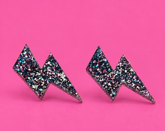 Glitter Acrylic Lightning Bolt Stud Earrings, Colorful Sparkly Statement Jewellery
