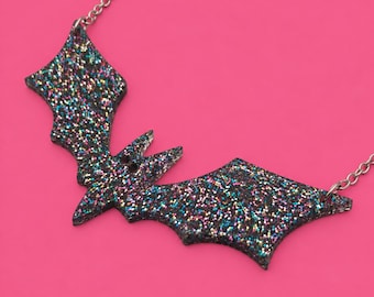 Handmade Rainbow Glitter Bat Necklace, Black Acrylic Gothic Pendant, Halloween Jewellery