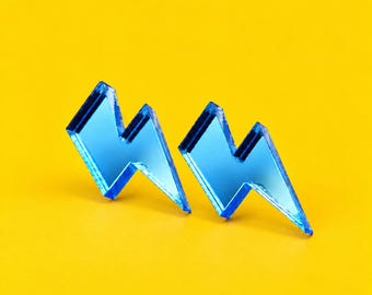 Blue Mirror Acrylic Lightning Bolt Stud Earrings, Perspex Statement Jewellery