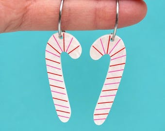 Candy Cane Dangle Earrings, Marbled Pearl Acrylic Christmas Earrings, Festive Statement Hoops