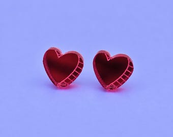 Pink Mirror Heart Stud Earrings, Doodle Heart Earrings,  Acrylic Hearts Studs, Quirky Jewellery, Dopamine Dressing Accessories