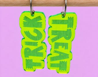 Trick or Treat Halloween Dangle Earrings, Acid Green Acrylic, Stainless Steel Hoops