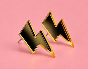 Gold Mirror Acrylic Lightning Bolt Stud Earrings, Reflective Statement Jewellery