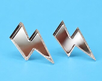 Silver Mirror Acrylic Lightning Bolt Stud Earrings, Reflective Alternative Jewellery