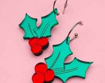 Holly Statement Earrings, Christmas Dangle Earrings, Red Green Mirror Acrylic, Festive Jewellery