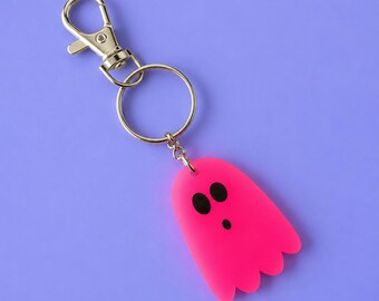 Glow in the Dark Ghost Keyring, Pink Acrylic Ghost Keychain, Halloween Bag Charm, Spooky Gift