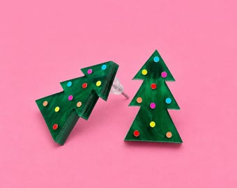 Christmas Tree Stud Earrings, Green Marbled Acrylic, Colourful Festive Jewellery