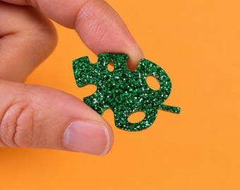 Green Glitter Acrylic Monstera Leaf Pin Brooch, Tropical Plant Lover Gift