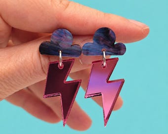 Marbled Acrylic Cloud & Pink Lightning Bolt Dangle Earrings, Mirror Perspex Statement Jewellery
