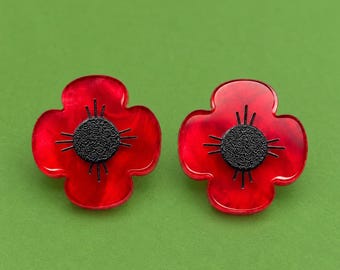 Handmade Red Marbled Acrylic Poppy Stud Earrings, Remembrance Jewellery (16mm)