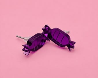 Purple Mirror Acrylic Candy Stud Earrings, Retro Sweets Christmas Jewelry (16mm x 6mm)