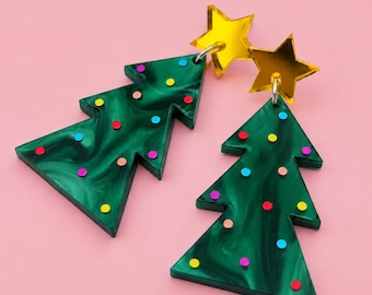 Christmas Tree Dangle Earrings, Green Marbled Acrylic with Yellow Star Studs