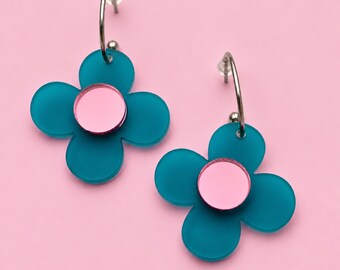 Flower Statement Earrings. Retro Acrylic Daisy Earrings. Colourful Floral Hoops. Handmade Perspex Jewellery. Dopamine Dressing Accessories