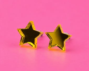 Yellow Mirror Acrylic Star Stud Earrings, Celestial Jewellery, 10mm Reflective Studs