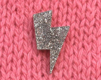 Silver Glitter Acrylic Lightning Bolt Brooch, Sparkly Statement Pin Badge