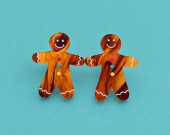 Gingerbread Man Stud Earrings, Tortoiseshell Acrylic Christmas Earrings, Festive Perspex Jewellery