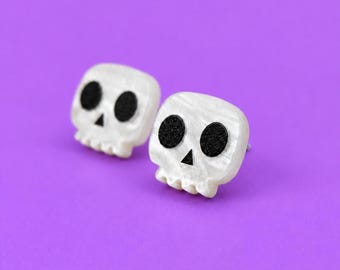 Marbled Acrylic Skull Stud Earrings, Gothic Halloween Jewellery, Perspex Studs