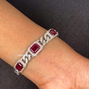 Pulsera de tenis con rubí rojo, pulsera con rubí sintético de talla esmeralda, plata de ley 925, chapada en oro blanco de 14 quilates, pulsera de eslabones llamativa, regalo.