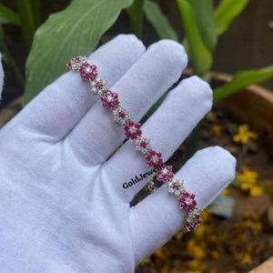 Tennisarmband med blomstersimulering av rubin och diamant, 14K vitguldplätering 925 sterlingsilver, armband med blomsterlänkar, present till henne