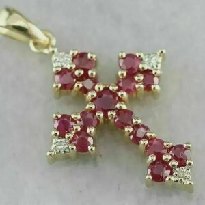 2.00 Ct Round Cut Simulated Red Ruby & Diamond Cross Pendant 14k Yellow Gold Plated