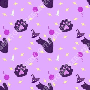 May include: A repeating pattern on a light purple background featuring black cats, purple yarn balls, black cat paw prints with pink pads, yellow four-pointed stars, white candles, and purple wizard hats decorated with small yellow stars.