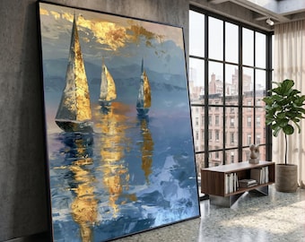 Golden Sailboats Canvas Wall Art, Reflective Water Landscape, Nautical Coastal Decor, Blue and Gold Sea Painting, Modern Abstract Canvas