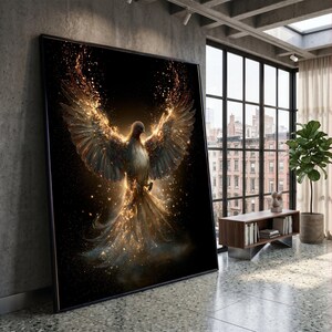 May include: A large rectangular wall art piece featuring a central bird with expansive wings, rendered in shades of black, gold, and white. The bird is surrounded by glowing golden particles and light streaks against a dark background.