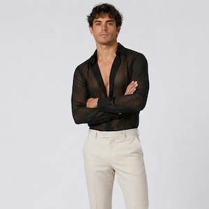 Elegant Men See Through Mesh Shirt | Sheer Long Sleeve Button Down Top | Vintage Streetwear Party Shirt | Festival Retro Clubwear