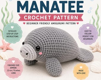 Patrón de ganchillo de manatí en PDF, tutorial de amigurumi para principiantes (descarga instantánea)