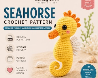 Patrón de caballito de mar a crochet en PDF, caballito de mar amigable para principiantes, lindo patrón de animal marino, tutorial para hacer un juguete de peluche, descarga instantánea