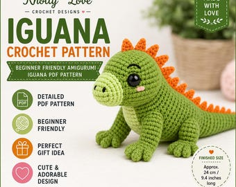 Patrón de amigurumi de iguana para principiantes en PDF, tutorial para crear un peluche de reptil (descarga instantánea).