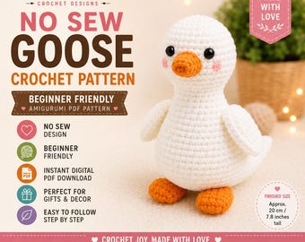 Patrón de ganso a crochet sin costuras, tutorial de amigurumi para principiantes en PDF (descarga instantánea)