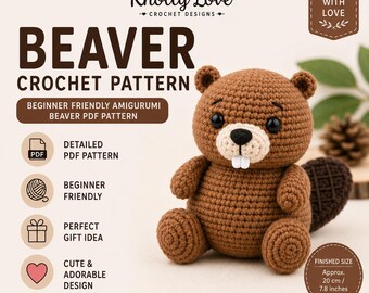 Patrón de ganchillo de castor en PDF, tutorial para principiantes sobre juguetes de animales del bosque hechos con amigurumi.