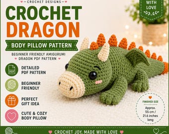 Patrón de almohada corporal de dragón a crochet para principiantes (PDF, descarga instantánea)
