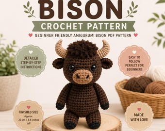 Patrón de amigurumi de bisonte a crochet, tutorial en PDF para principiantes, juguete de peluche que se mantiene de pie