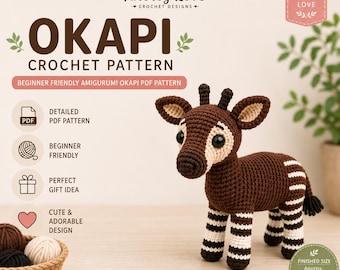 Patrón de ganchillo para principiantes de okapi amigurumi en PDF, tutorial para crear un peluche de fauna africana (descarga instantánea).