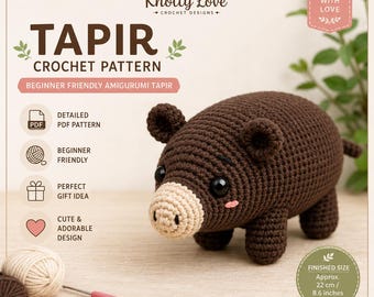 Patrón de ganchillo para principiantes de tapir en PDF, tutorial de amigurumi de animales (descarga instantánea)