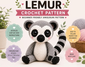 Patrón de ganchillo de lémur en PDF, tutorial de amigurumi para principiantes, peluche con cola a rayas (descarga digital)