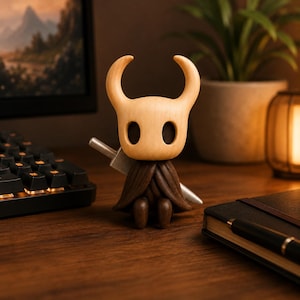 May include: A wooden figurine of a character with a pale, smooth, rounded head featuring two large, dark, oval-shaped eye sockets and two upward-curving horns. The figure wears a dark brown, textured cloak and carries a silver-colored sword.