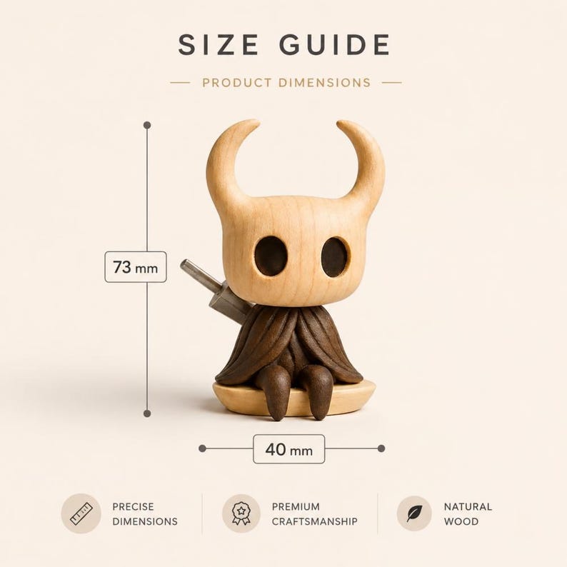 May include: A wooden figurine of a horned character with large black eyes and a dark cloak, featuring a sword on its back. The text reads SIZE GUIDE, PRODUCT DIMENSIONS, 73 mm, 40 mm, PRECISE DIMENSIONS, PREMIUM CRAFTSMANSHIP, and NATURAL WOOD.