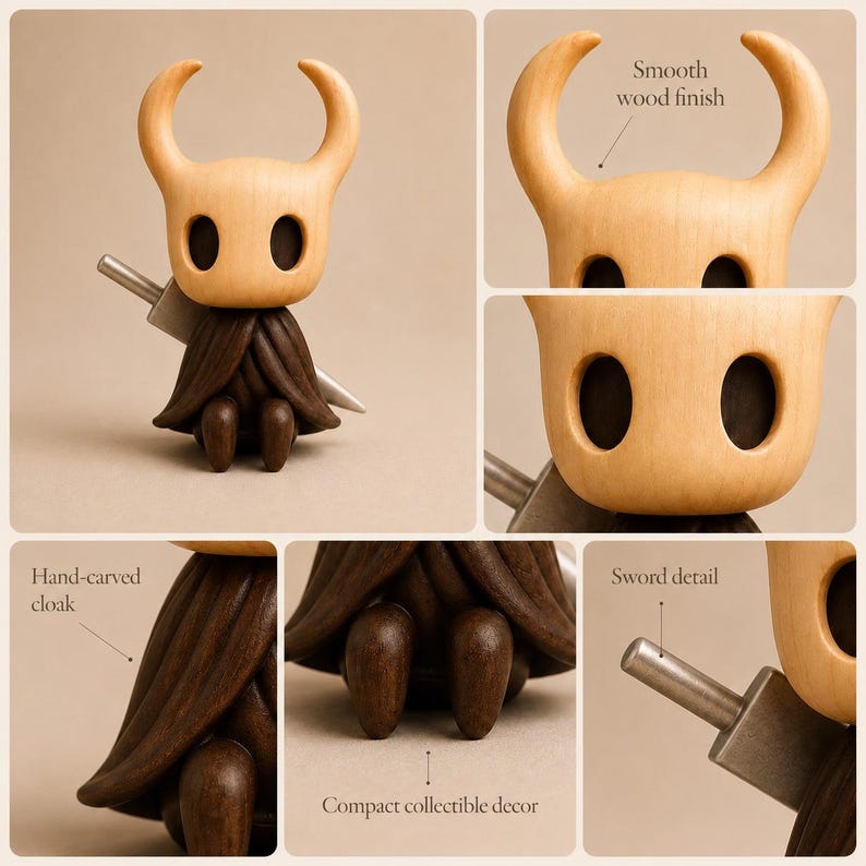 May include: A wooden figurine featuring a light-colored head with two horns and dark oval eye sockets, wearing a dark brown carved cloak. The figure includes a metallic sword detail on the back. Text labels include Smooth wood finish, Hand-carved cloak, Sword detail, and Compact collectible decor.