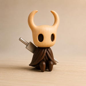 May include: A small wooden figurine featuring a light-colored head with two curved horns and dark oval eye sockets. The figure wears a dark brown carved cloak and has a silver-toned metal sword positioned diagonally across its back.
