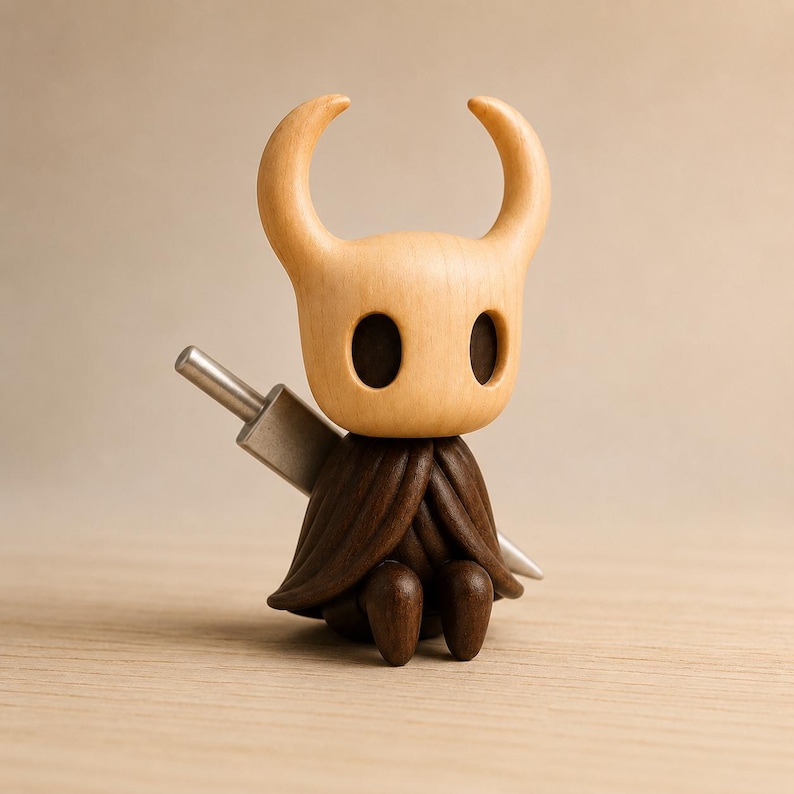 May include: A small wooden figurine featuring a light-colored head with two curved horns and dark oval eye sockets. The figure wears a dark brown carved cloak and has a silver-toned metal sword positioned diagonally across its back.