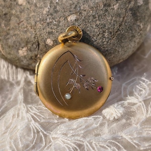 Antique French ORIA Gold Filled Locket Pendant, Art Nouveau Floral Photo Locket, Signed ORIA Pearl Ruby Paste Locket