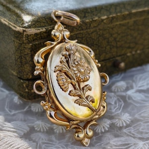 Pode incluir: Um pingente de medalhão oval em metal dourado com um design em relevo de uma planta com flores na parte frontal. O medalhão possui uma borda ornamental decorativa com detalhes em volutas e um pequeno elo de metal no topo para fixação.