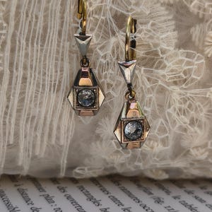 Antique French Art Deco Gold Dormeuses Earrings, Two Tone Geometric Leverback Drop Earrings, ORIA French Paste Jewelry, Gift for Her